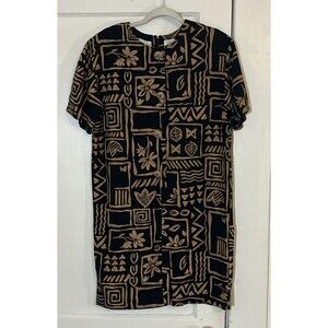 Karin Stevens Dress Women’s 8 Black Brown Floral Bold Design Linen Blend Zip